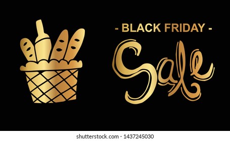 Gold Black Friday Sale Banner and Picnic Basket. Flat Line Icon, Sign, Symbol Isolated Background. Graphic Design Abstract Art, Elements, Vector Illustration EPS 10.
