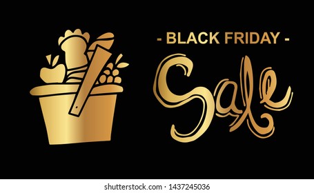 Gold Black Friday Sale Banner and Picnic Basket. Flat Line Icon, Sign, Symbol Isolated Background. Graphic Design Abstract Art, Elements, Vector Illustration EPS 10.