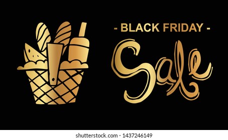 Gold Black Friday Sale Banner and Picnic Basket. Flat Line Icon, Sign, Symbol Isolated Background. Graphic Design Abstract Art, Elements, Vector Illustration EPS 10.