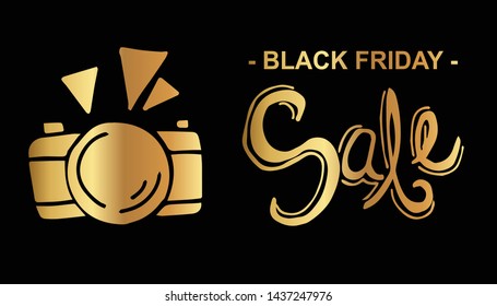 Gold Black Friday Sale Banner and Camera Photography. Flat Line Icon, Sign, Symbol Isolated Background. Graphic Design Abstract Art, Elements, Vector Illustration EPS 10.