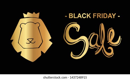 Gold Black Friday Sale Banner and Lion Animal. Flat Line Icon, Sign, Symbol Isolated Background. Graphic Design Abstract Art, Elements, Vector Illustration EPS 10.