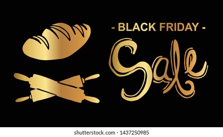 Gold Black Friday Sale Banner and Chef Hat and Rolling Pin. Flat Line Icon, Sign, Symbol Isolated Background. Graphic Design Abstract Art, Elements, Vector Illustration EPS 10.