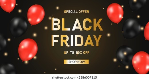 Gold black friday sale banner with golden serpentine and 50 percent discount. web, poster, promotions. Vector illustration.