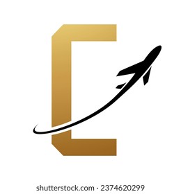 Gold and Black Futuristic Letter C Icon with an Airplane on a White Background