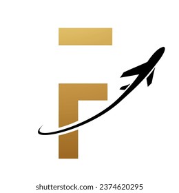 Gold and Black Futuristic Letter F Icon with an Airplane on a White Background