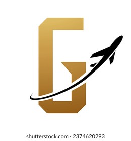 Gold and Black Futuristic Letter G Icon with an Airplane on a White Background