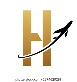 Gold and Black Futuristic Letter H Icon with an Airplane on a White Background