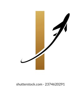 Gold and Black Futuristic Letter I Icon with an Airplane on a White Background