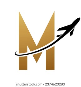 Gold and Black Futuristic Letter M Icon with an Airplane on a White Background