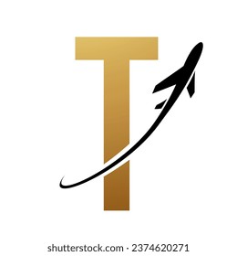 Gold and Black Futuristic Letter T Icon with an Airplane on a White Background