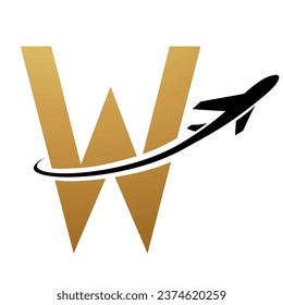 Gold and Black Futuristic Letter W Icon with an Airplane on a White Background