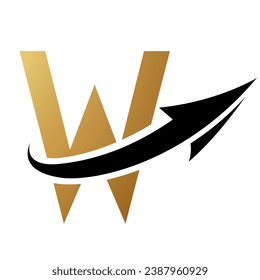 Gold and Black Futuristic Letter W Icon with an Arrow on a White Background