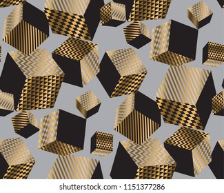 Gold and black geometric cubes in dynamic chaos. Seamless pattern for background, wrapping paper, fabric, surface design. Stock vector surface design.