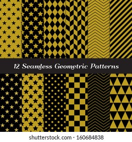 Gold and Black Geometric  Patterns. Modern Backgrounds in Diamond, Chevron, Polka Dot, Checkerboard, Stars, Triangles, Herringbone and Stripes Patterns. Pattern Swatches with Global Colors.