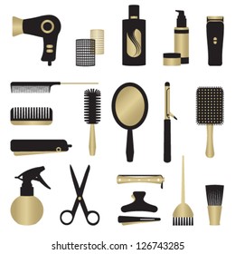 Gold and black hairdressing related objects set