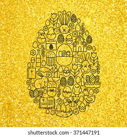 Gold and Black Happy Easter Line Icons Set Egg Shape. Vector Illustration of Spring Holiday Objects. 