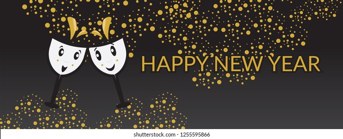 Gold and Black Happy New Year banner with two cute cartoon wine glasses