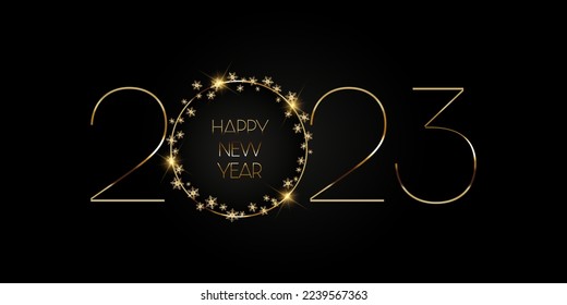 Gold and black Happy New Year banner design with golden snowflakes