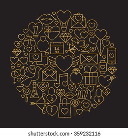 Gold and Black Happy Valentine Day Line Icons Set Circle Shape. Vector Illustration of Decoration Wedding Celebration Objects. Love Items.