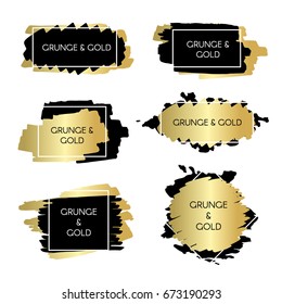 Gold and black ink paint grunge design elements, boxes and frames for text.