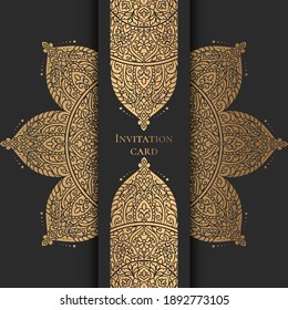 Gold and black invitation card design with vector mandala pattern. Vintage ornament template. Can be used for background and wallpaper. Elegant and classic vector elements great for decoration.