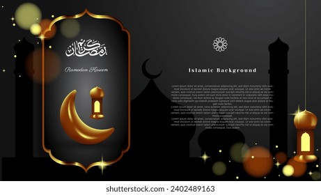 gold and black islamic background with crescent and lantern. ramadan kareem banner vector design with arabic calligraphy.