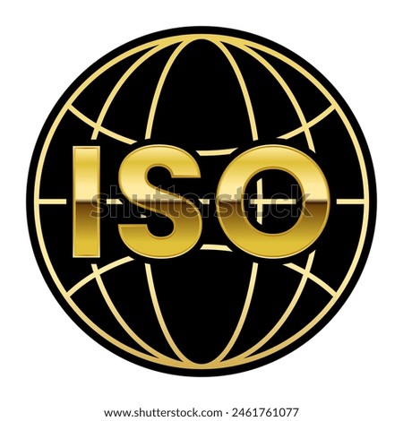 Gold and Black ISO Certified isolated round stamp sticker with Globe icon vector illustration