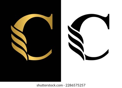 Gold and black  letter C Vintage golden flower ornament initial letters.  Alphabet. Logo vector 