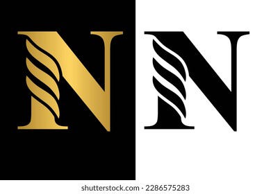 Gold and black  letter N Vintage golden flower ornament initial letters.  Alphabet. Logo vector 