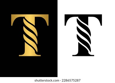 Gold and black  letter T Vintage golden flower ornament initial letters.  Alphabet. Logo vector 