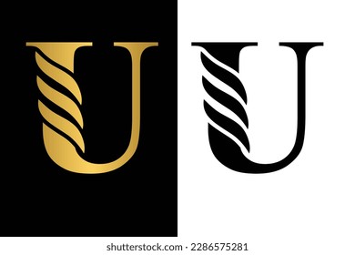 Gold and black  letter U Vintage golden flower ornament initial letters.  Alphabet. Logo vector 