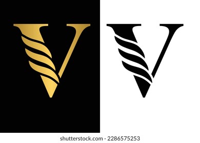 Gold and black  letter V  Vintage golden flower ornament initial letters.  Alphabet. Logo vector 