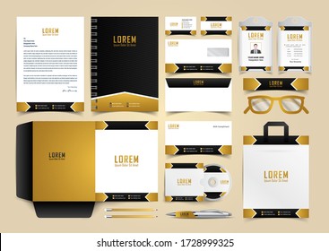 Gold and black line pattern stationery identity template set. Business stationery mock-up. Branding design. Letterhead, presentation folder, compliment slip, notebook, id card, business card, 