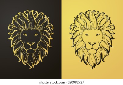 Gold and black lion icon. Linear graphic stylized animal vector illustration. Lion head with mane can be used as design for tattoo, t-shirt, bag, poster, postcard