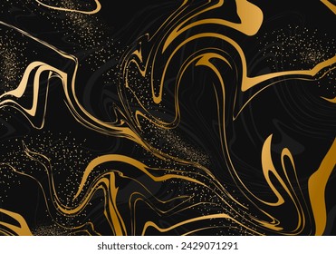 Gold and black Liquid backgrounds. Luxury Marble stone texture with glowing golden veins. Futuristic poster with abstract lines. Vector minimalistic illustration.