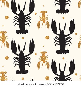 Gold and black lobster. Silhouette illustration. Modern pattern for gift paper, wallpapers etc.