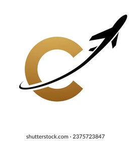 Icono de la letra minúscula C de oro y negro con un avión de fondo blanco