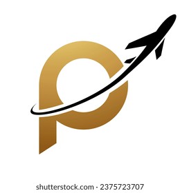 Gold and Black Lowercase Letter P Icon with an Airplane on a White Background