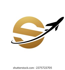 Gold and Black Lowercase Letter S Icon with an Airplane on a White Background