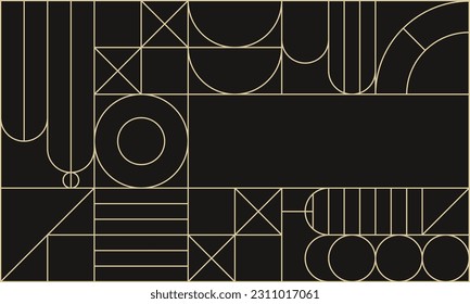 Gold black luxury abstract geometry invitation card. Geometric art deco frame. Modern minimalist design. Bauhaus triangle and square shapes. Lines art. Luxury background. Vector creative template.