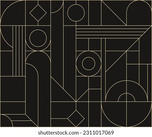 Gold black luxury abstract geometry invitation card. Geometric art deco frame. Modern minimalist design. Bauhaus triangle and square shapes. Lines art. Luxury background. Vector creative template.