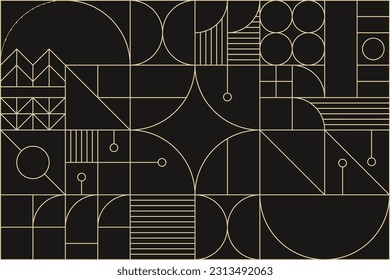 Tarjeta de invitación a geometría abstracta de lujo dorada. Marco deco de arte geométrico. Diseño minimalista moderno. Triángulo de Bauhaus y formas cuadradas. Líneas de arte. Lujo de fondo. Plantilla creativa vectorial.