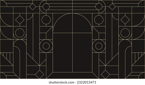 Gold black luxury abstract geometry invitation card. Geometric art deco frame. Modern minimalist design. Bauhaus triangle and square shapes. Lines art. Luxury background. Vector creative template.