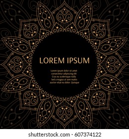 Gold black luxury background design vector. Sun symbol pattern frame. Oriental indian mandala ornament for fashion print, art deco wedding, beauty salon, royal holiday party cards.