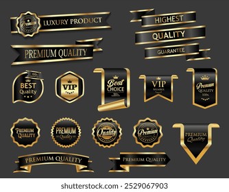 Ilustración de cinta de certificado de calidad premium de insignias y etiquetas de lujo doradas y negras 