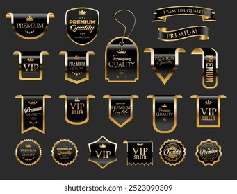 Gold and black luxury labels and badges premium quality certificate ribbons vector illustration 