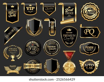 Gold and black luxury labels and badges premium quality certificate ribbons illustration 