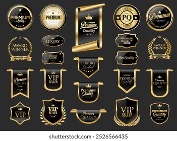 Gold and black luxury labels and badges premium quality certificate ribbons illustration 