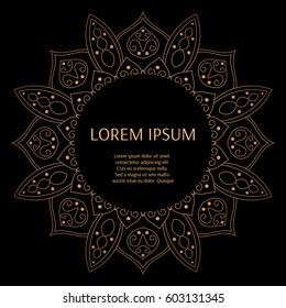 Gold black luxury pattern frame. Arabic background design vector. Oriental indian mandala ornament for photo frame, fashion print, art deco wedding, beauty salon, royal holiday party cards.