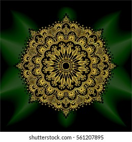 gold black mandala mantra om. Indian pattern decorative vector elements. Round golden flower. emerald glow